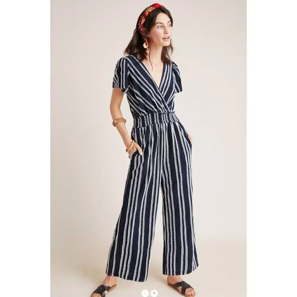 EUC Anthropologie Dolan Canovas Striped Cotton Blend Wide Leg Jumpsuit Navy S - Picture 2 of 15